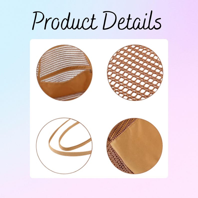Puede incluir: Imagen de detalles del producto. Cuatro primeros planos de una gorra de peluca marr&oacute;n, que muestra la malla, las correas y la construcci&oacute;n. El texto "Product Details" est&aacute; en la parte superior en cursiva.