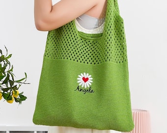 Personalized Knitted Beach Bag with Embroidered Name/ Travel Vacation/ Crochet Tote Bag for Women/ Summer Bag/ Bridesmaid Gift/ Bachelorette