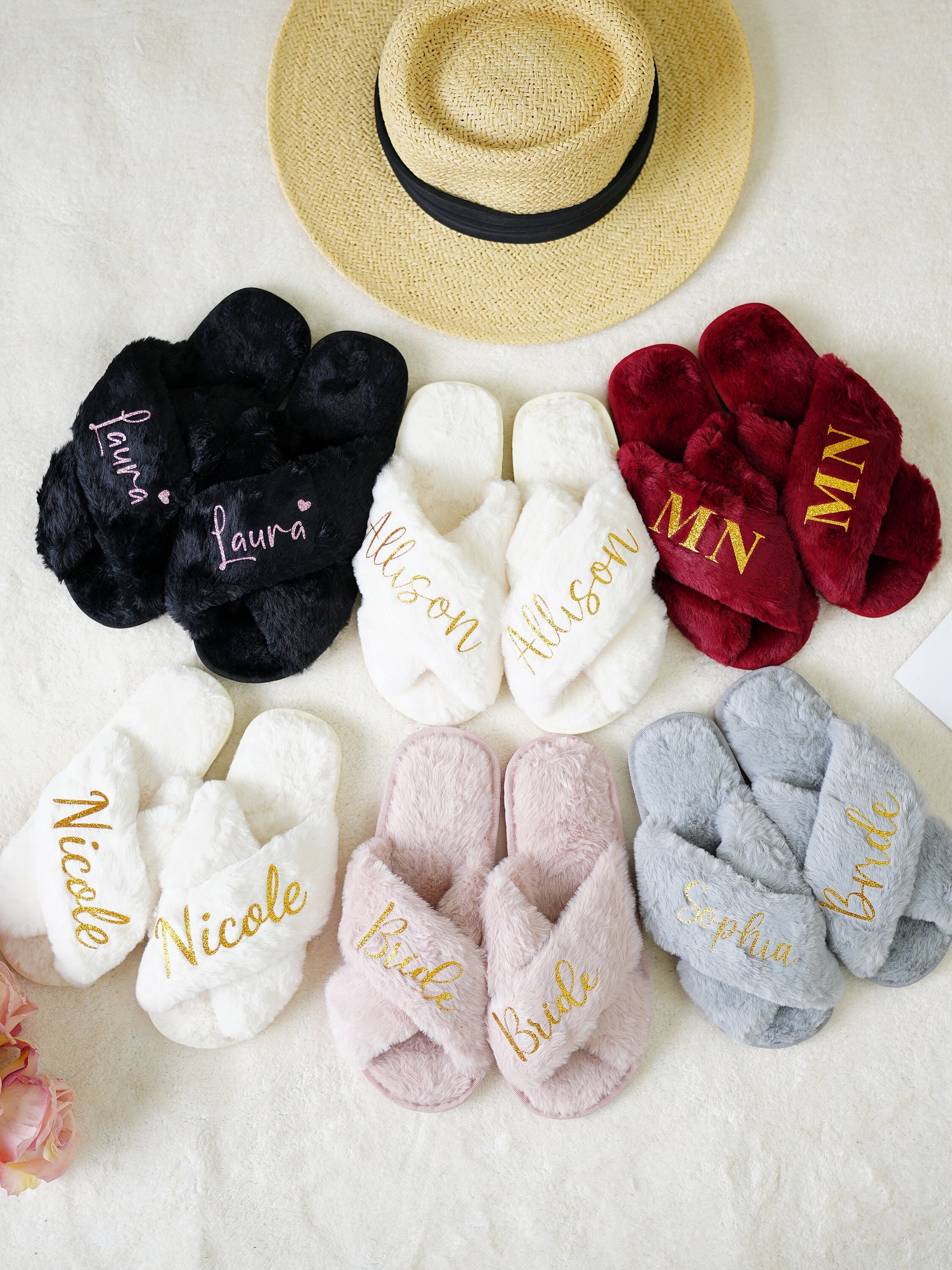 Custom Fluffy Slippers/Custom Bride Slippers/Christmas party slippers/Fluffy Bridesmaid Slippers/Fluffy Slippers/Bride Slipper Personalized