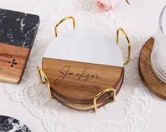 Personalisiertes Untersetzer-Set / personalisierte Hochzeitsgeschenke für Paare / Marmor Untersetzer / Benutzerdefinierte Holzuntersetzer / Hochzeit / Einweihungsgeschenk / Braut