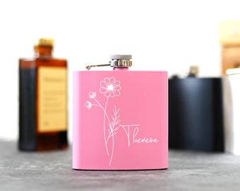 Fiole de fleurs personnalisées/Cadeau de demoiselle d'honneur/Flacon gravée au laser/Cadeau pour 21e anniversaire/Fiole pour femme personnalisée/Fiole pour mariage/Fiole pour homme