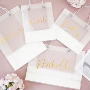 May include: Four white gift bags with clear cellophane windows and gold lettering. The names Dakota, Bailey, Michelle, and Chelsea are written on the bags.