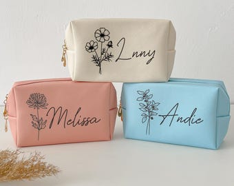Trousse de toilette personnalisée/Trousse de maquillage en cuir/Demande de demoiselle d'honneur/Trousse de toilette en cuir/Trousse de toilette du mois de naissance/Cadeaux de demoiselle d'honneur de mariée