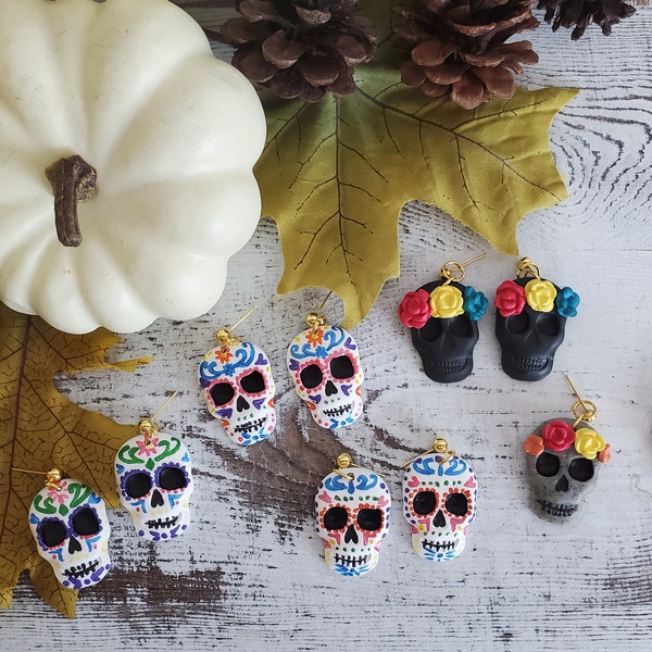 Sugar Skulls / Hand Painted Earrings/ Dia De Los Muertos Earrings / Halloween Earrings / Handmade Jewelry / Trendy Clay Earrings / Calaveras