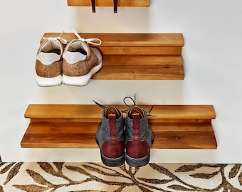 Design Schuhregal, shoe rack, Regal, Aufbewahrung, Schuh, hängend, Wandbefestigung, Holz, Erle, Eiche, platzsparend,  eye catcher