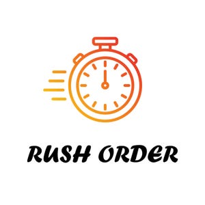 May include: An orange and yellow gradient stopwatch icon with horizontal speed lines, and the words "RUSH ORDER" in a bold, black font below. The stopwatch hands point to the 12 o'clock position.