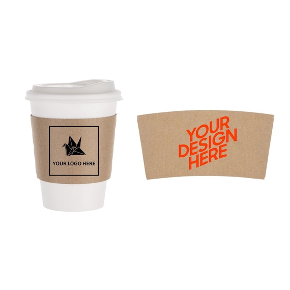 Custom Printed Paper Coffee Cup Sleeves | Disposable/Kraft | Brown or White | 10-16 oz | Personalised Logo | Wedding Favors | Coffee/Tea Bar