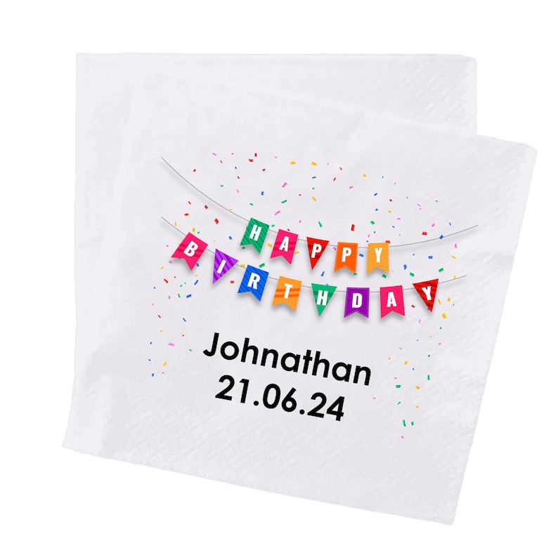 May include: White paper napkin with a colorful banner that reads "HAPPY BIRTHDAY". The napkin has the name "Johnathan" and the date "21.06.24" printed in black. Confetti is scattered around the banner.