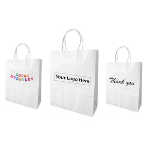 Sacs en papier personnalisés | Manche torsadé blanc | Logo personnalisé | Sacs cadeaux | Sacs de fête | Boutique | Mariage | Sac cadeau | Fête prénatale