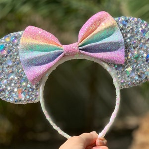 Rhinestone Mickey Mouse Ears - Sparkly Disney Headband for Adults Kids - Park Outfit Accessory - Crystal Mouse Ears - Rainbow Bling Ears