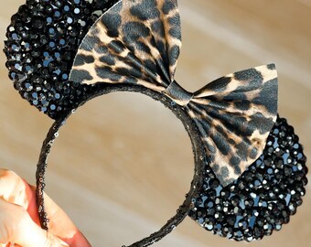 Leopard Jewel Black Sequin & Rhinestone Minnie Mouse Ears Headband || Mickey Ears || Minnie Ears || Mickey Mouse Ears || Disney Ears ||