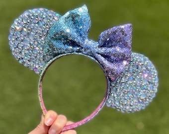 Rainbow Sequin Rhinestone Minnie Mouse Ears Headband