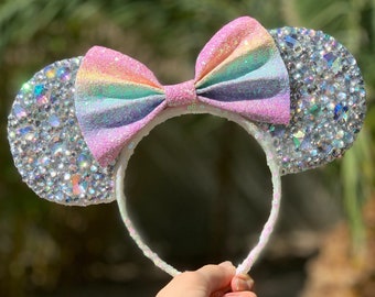 Rhinestone Mickey Mouse Ears - Sparkly Disney Headband for Adults Kids - Park Outfit Accessory - Crystal Mouse Ears - Rainbow Bling Ears