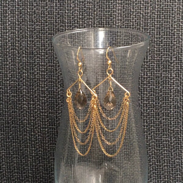 New unique earring design! Gold fill chains of all kinds sparky surround a best quality of luxe smoky quartz earrings