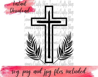 easter cross with palm leaves digital download, cut file, svg, png and jpg files are included, can be use for cricut seasonal Easter design