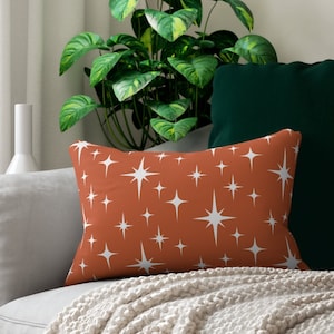 Retro Lumbar Pillow, Terracotta Atomic Starburst Mid Century Modern Boho Throw Pillow Cover, Burnt Orange 1950s 1960s Vintage Style Decor