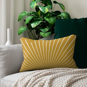 Boho Lumbar Pillow, Mustard Yellow and White Retro Sunburst Throw Pillow Cover, Modern Decorative Pillow, Vintage Style Bohemian Home Decor
