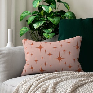 Retro Lumbar Pillow, Pink Terracotta Atomic Starburst Mid Century Modern Boho Throw Pillow, Burnt Orange 50s 60s 70s Vintage Style Decor