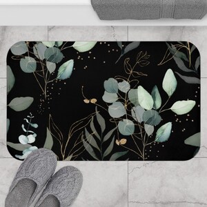 Eucalyptus Botanical Black Green and Gold Brown Bath Mat, Non-slip Modern Bath Rug with Stylish Watercolor Leaves and Vines, Farmhouse Decor