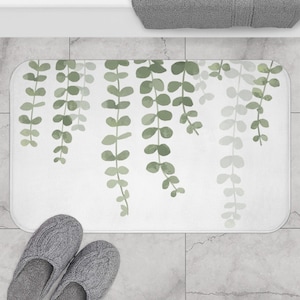 Eucalyptus Botanical Green and White Bath Mat, Non-slip Modern Bath Rug with Stylish Watercolor Leaves and Vines, Elegant Farmhouse Bathroom