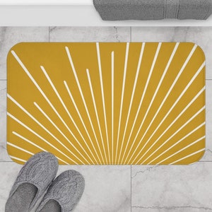 Boho Bath Mat, Retro Sunburst Mustard Yellow Bohemian Bath Rug, Boho Chic Vintage Style Sunrays Hippie Bath Mat, Sun Boho Bathroom Rug