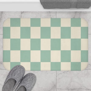 Sage Green Yellow Checkered Boho Bath Mat, Retro Bath Rug, Indie Aesthetic Danish Pastel Y2K Decor, Funky Bathroom Rug, Sage Green Decor