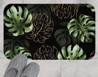 Tropical Leaves Green and Gold Brown Bath Mat, Non-slip Modern Bath Rug with Stylish Watercolor Monstera, Botanical Jungle Shower Mat Decor
