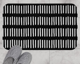 Boho Bath Mat, Minimalist Mudcloth Pattern Black and White Bath Rug, Modern Minimal Bohemian Shower Mat, Cool Bath Rug, Funky Bathroom Decor