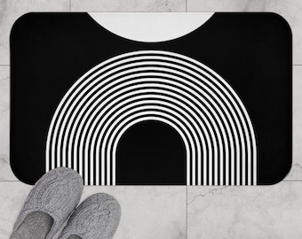 Boho Bath Mat, Black and White Mid Century Modern Bath Rug, Abstract Shapes Sun Rainbow Bohemian Decor, Mcm Modern Minimalist Bathroom Rug