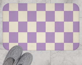 Purple Yellow Checkered Boho Bath Mat, Retro Bath Rug, Indie Aesthetic Danish Pastel Y2K Decor, Funky Bathroom Rug, 90s Checkerboard Rug