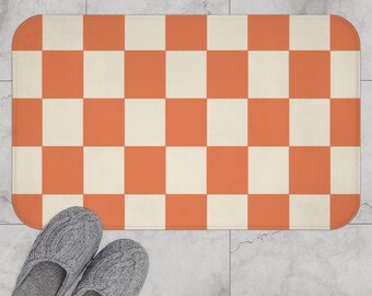 Orange Yellow Checkered Boho Bath Mat, Retro Bath Rug, Indie Aesthetic Danish Pastel Y2K Decor, Funky Bathroom Rug, Orange Checkerboard Rug