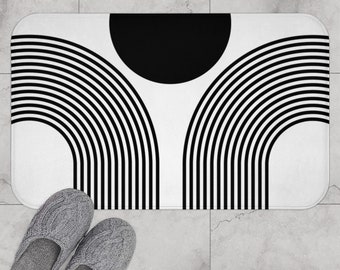 Boho Bath Mat, Black and White Mid Century Modern Bath Rug, Abstract Sun Rainbows Bohemian Shower Mat, Mcm Modern Minimalist Bathroom Rug