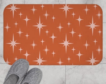 Retro Bath Mat, Atomic Starburst Terracotta Pink Mid Century Modern Boho Bath Rug, Abstract Vintage Style Shower, 1950s 1960s Bathroom Decor