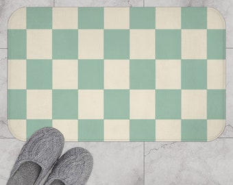 Sage Green Yellow Checkered Boho Bath Mat, Retro Bath Rug, Indie Aesthetic Danish Pastel Y2K Decor, Funky Bathroom Rug, Sage Green Decor