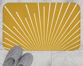 Boho Bath Mat, Retro Sunburst Mustard Yellow Bohemian Bath Rug, Boho Chic Vintage Style Sunrays Hippie Bath Mat, Sun Boho Bathroom Rug