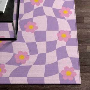 Purple Pink Checkered Rug, Checkerboard Flower Rug, Cute Rug, Danish Pastel Room Decor, Y2K Decor Area Rug, Indie Room Decor Aesthetic Teen