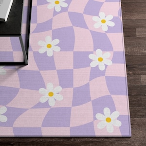Checkered Rug, Preppy Room Decor, Purple Pink Wavy Checkerboard Rug, Daisy Flower Cute Rug, Danish Pastel Room Decor, Aesthetic Y2K Area Rug