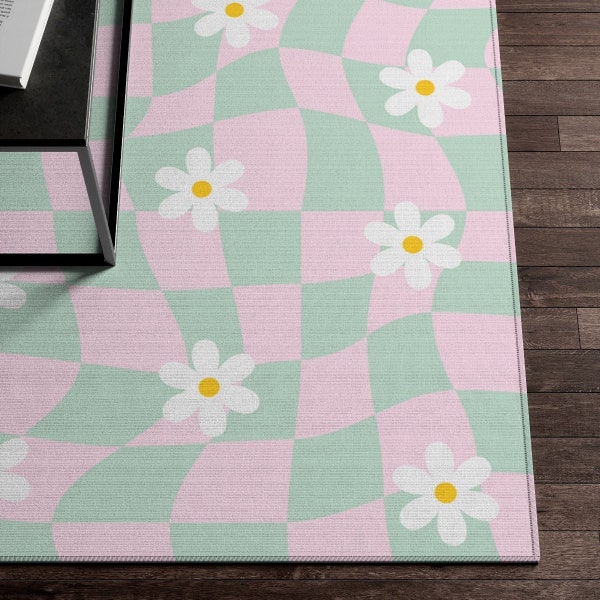 Sage Green Pink Checkered Rug, Checkerboard Daisy Flower Rug, Cute Rug, Danish Pastel Room Decor, Blush Y2K Decor Area Rug, Indie Room Decor