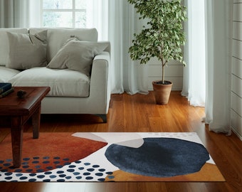 Abstract Rug, Boho Rug, Watercolor Abstract Shapes Area Rug, Rust Navy Blue Burnt Orange Ivory, Bedroom Kitchen Living Room Colorful Art Rug