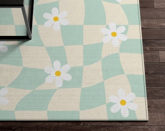 Sage Green Yellow Checkered Rug, Checkerboard Daisy Flower Rug, Cute Rug, Danish Pastel Room Decor, Y2K Decor Area Rug, Indie Room Decor