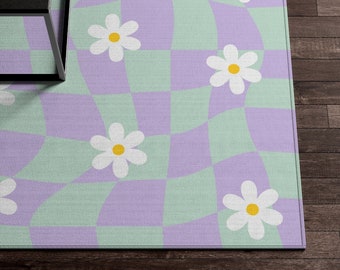 Sage Green Purple Checkered Rug, Checkerboard Daisy Flower Rug, Cute Rug, Danish Pastel Room Decor, Y2K Decor Area Rug, Indie Room Decor