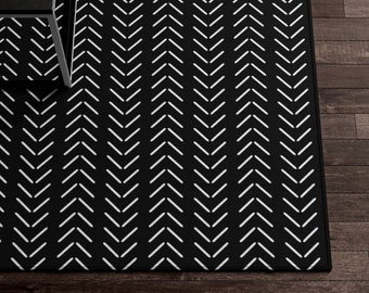 Tapis Boho, Tapis de zone noir et blanc à motif de toile de boue, Tapis abstrait funky minimaliste moderne, Tapis de cuisine en toile de boue africaine, Tapis de salon