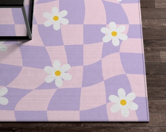 Checkered Rug, Purple Blush Pink Checkerboard Daisy Flower Rug, Cute Rug, Danish Pastel Room Decor, Y2K Decor Area Rug, Indie Room Decor