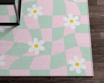 Sage Green Pink Checkered Rug, Checkerboard Daisy Flower Rug, Cute Rug, Danish Pastel Room Decor, Blush Y2K Decor Area Rug, Indie Room Decor