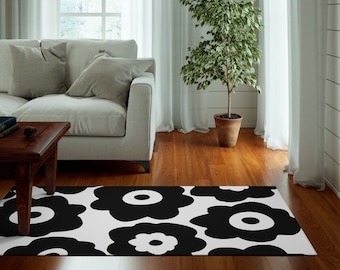 70s Flower Rug, Retro Poppies Funky Rug, Black White Abstract Area Rug, Botanical Boho Rug, Kitchen Rug, Bedroom Art Rug, Living Room Carpet