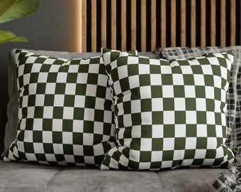 Checkered Throw Pillow, Dark Olive Green White Retro Checkerboard Pillow Cover, Y2K Decor, 90s Funky Geometric Pillow Case, Indie Room Decor