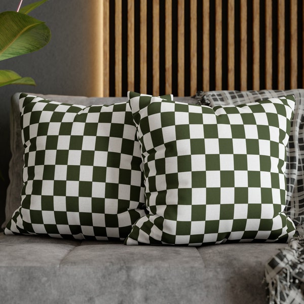 Checkered Throw Pillow, Dark Olive Green White Retro Checkerboard Pillow Cover, Y2K Decor, 90s Funky Geometric Pillow Case, Indie Room Decor