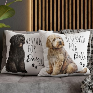 May include: Two white throw pillows with black text and paw prints. One pillow features a black dog with the text "Reserved for Daisy". The other pillow features a brown dog with the text "Reserved for Bella".