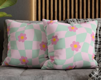 Checkered Throw Pillow, Sage Green Blush Pink Danish Pastel Room