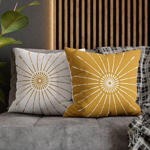 Boho Throw Pillow, Mustard Yellow and White Retro Sunburst Throw Pillow Cover, Modern Decorative Pillows, Vintage Style Bohemian Home Decor